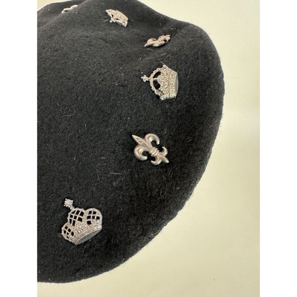 Neiman Marcus Black Wool Beret With Crown & Fleur-De-Lis Pins Made In UK main image 15